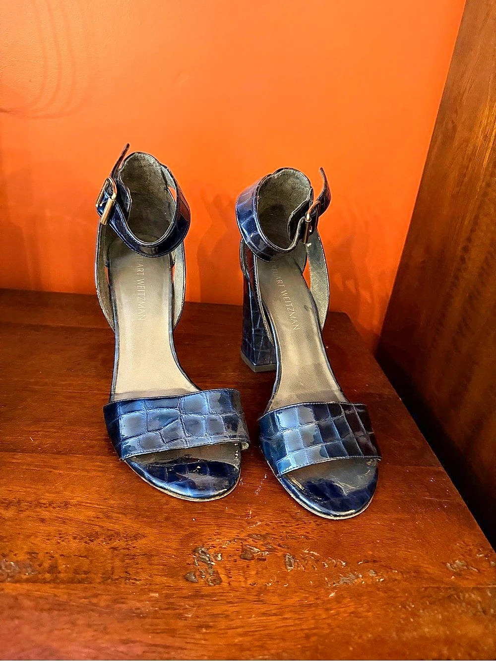 Gorgeous Stuart Weitzman Blue Crocodile-Embossed Ankle Strap Heels